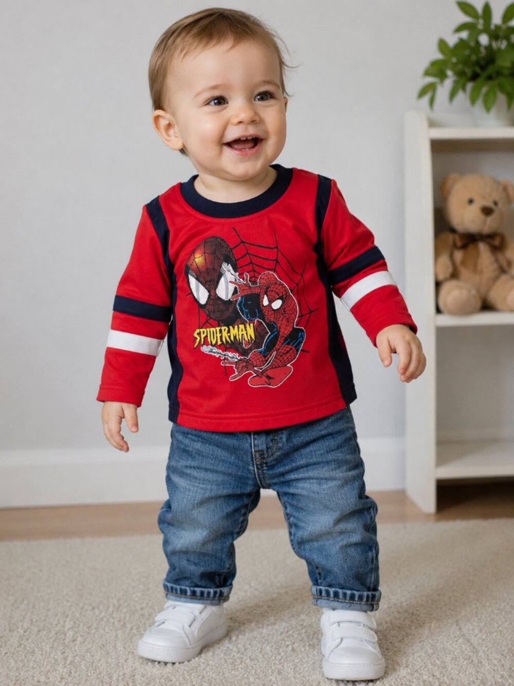 🕷️ Marvel Spider-Man Toddler 12M Long Sleeve Athletic Shirt – Red/Navy